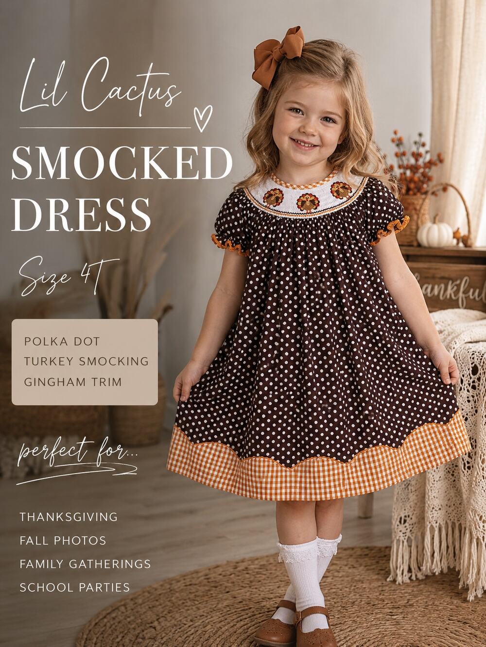 Lil Cactus Smocked Dress 4T Brown Polka Dot Turkey Thanksgiving Fall Holiday